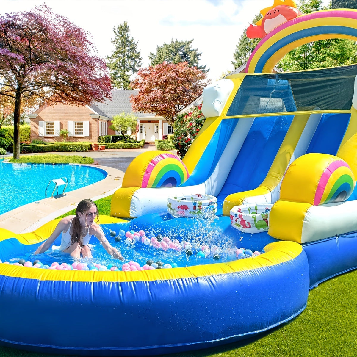 Toboggan aquatique gonflable de 24,5 pi avec soufflerie, toboggan aquatique d'extérieur en PVC de qualité commerciale 24,5x11x12 pi pour enfants et adultes, toboggan pour fête de piscine estivale dans le jardin - robuste, installation facile