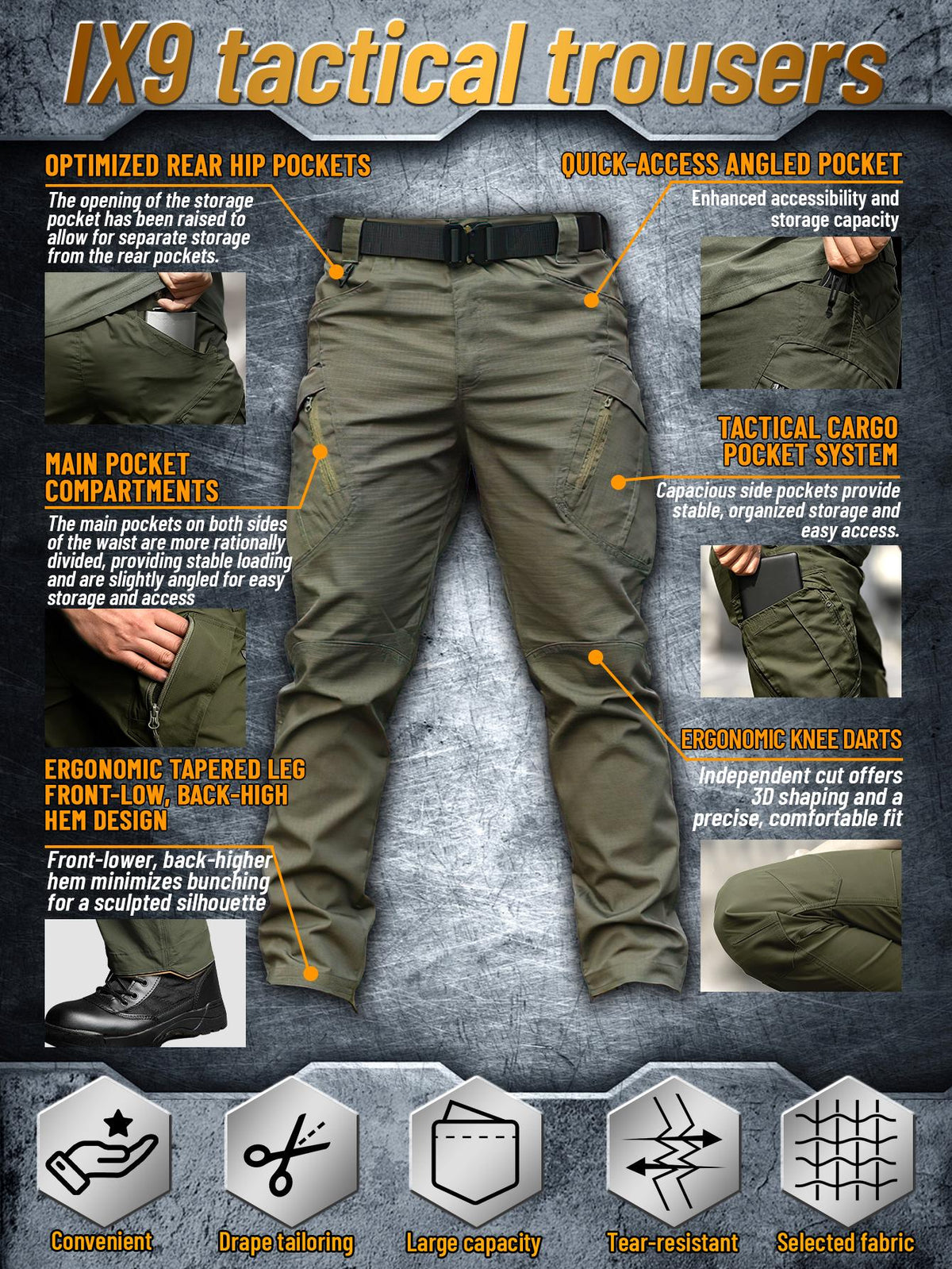 Pantalon cargo tactique IX9 pour homme coupe ajustée – Respirant, séchage rapide, résistant aux déchirures, multi-poches, coupe 3D, pantalon de travail extérieur pour randonnée, camping, escalade, pêche S-XXXL