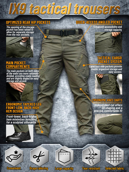 Pantalon cargo tactique IX9 pour homme coupe ajustée – Respirant, séchage rapide, résistant aux déchirures, multi-poches, coupe 3D, pantalon de travail extérieur pour randonnée, camping, escalade, pêche S-XXXL