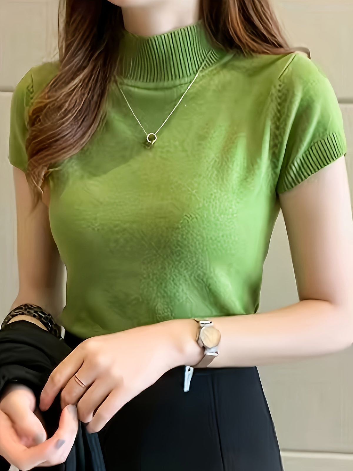 Pull à manches courtes et col montant en fibre glacée pour femme | Haut en maille fine rafraîchissant et léger, tenue décontractée et polyvalente pour l'été