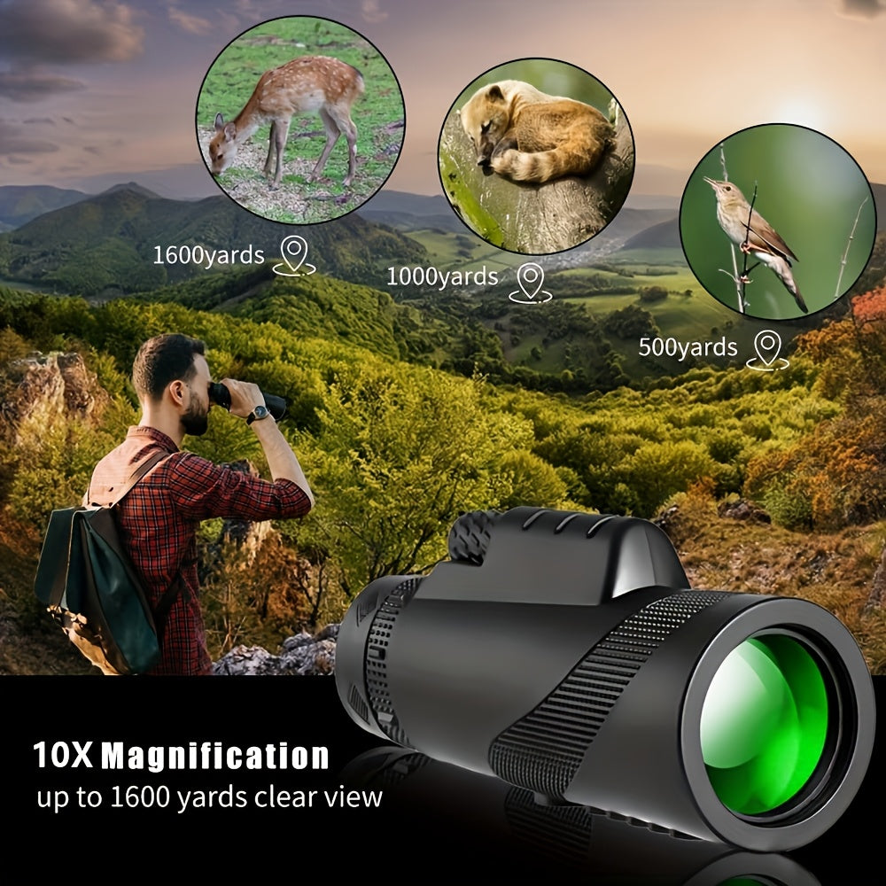 Monoculaire HD 10x42 avec adaptateur pour téléphone et trépied – Longue-vue compacte à lentilles FMC pour l'observation des oiseaux, la faune, la randonnée, le camping, les concerts et le sport – Noir et vert, cadeau de Noël