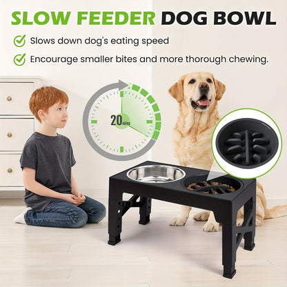Support surélevé ajustable pour gamelles de chien avec lot de 3 gamelles – 5 hauteurs de 8,1 à 31 cm, 2 gamelles en acier inoxydable + gamelle anti-glouton pour petits, moyens et grands chiens, mangeoire surélevée noire ou grise