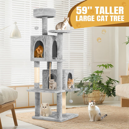 Arbre à chat multi-niveaux de 150 cm pour chats d'intérieur – Grand arbre à chat avec zone de repos en peluche, poteau à griffer en sisal et jouet à balle suspendue – Idéal pour chambre, salon et foyers multi-chats – Velora