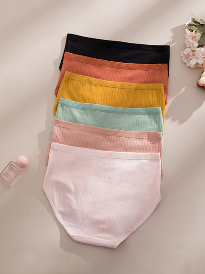 Lot de 6 culottes string côtelées – Sous-vêtements triangulaires pour femmes, doux, respirants et taille mi-haute, texture en maille côtelée, couleurs unies, culottes quotidiennes adaptées à la maternité