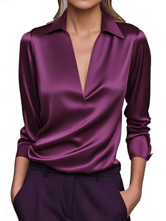 Blouse femme en satin à col en V, élégante, couleur unie, manches longues, coupe ample, chemise de bureau décontractée, haut S M L XL XXL multicolore