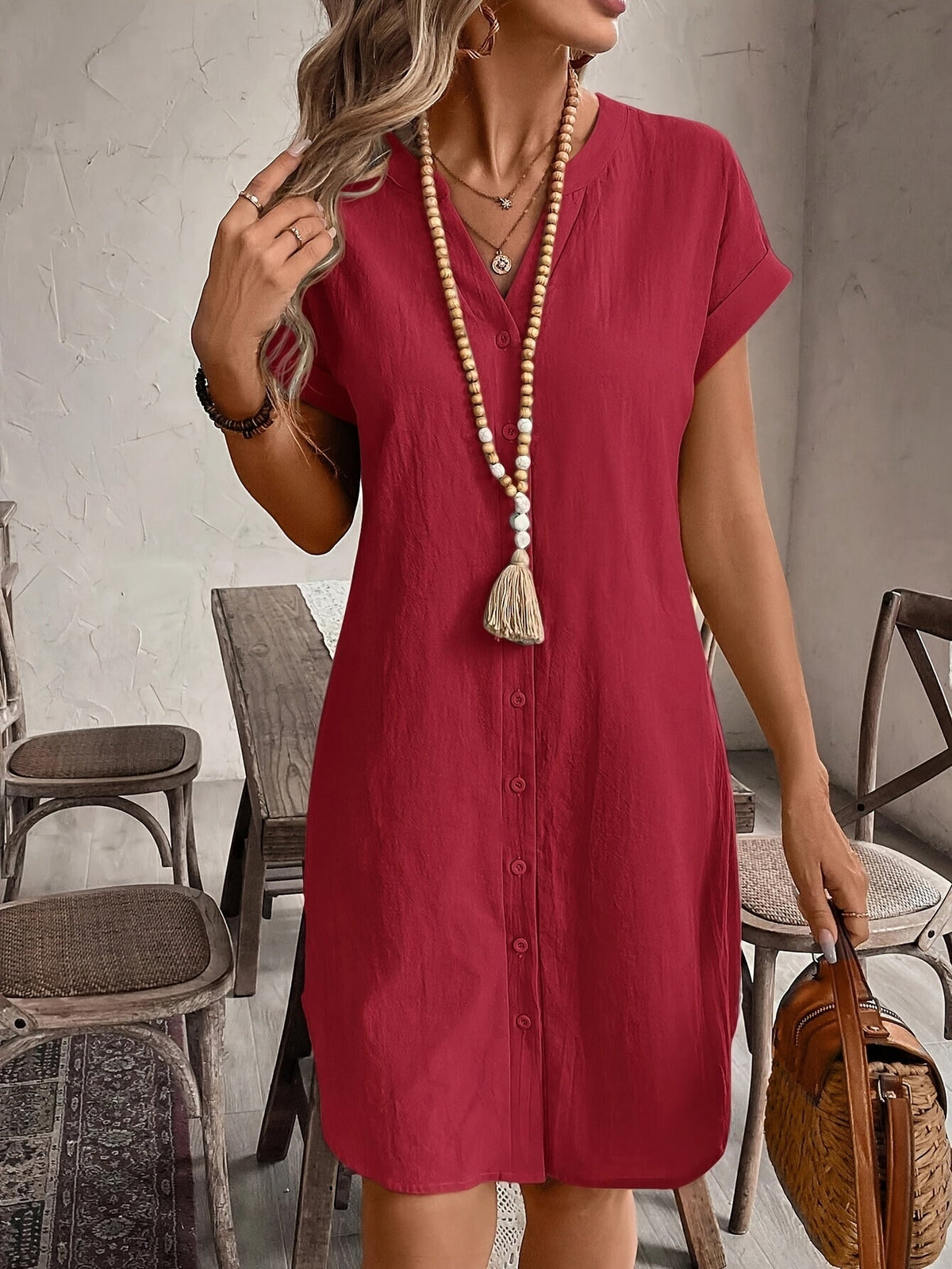 Robe chemisier décontractée à col en V pour femme, coupe ample et boutonnée – Élégante robe d'été unie disponible en 9 couleurs pour le quotidien et les vacances
