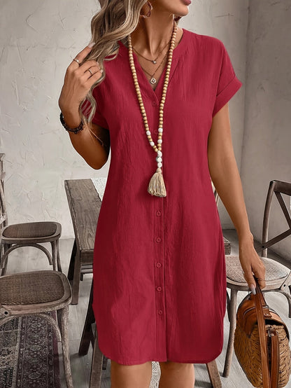 Robe chemisier décontractée à col en V pour femme, coupe ample et boutonnée – Élégante robe d'été unie disponible en 9 couleurs pour le quotidien et les vacances