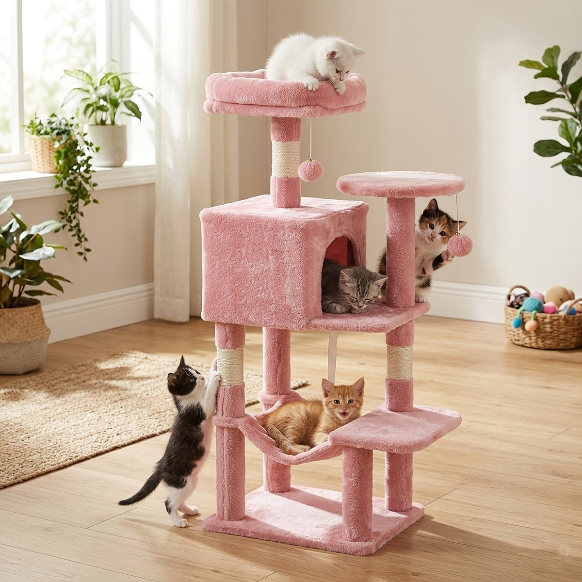 Arbre à chat avec hamac et poteaux à griffer en sisal de 112 cm – Condominium pour chats d'intérieur à plusieurs niveaux avec perchoirs naturels pour grands chats et foyers multi-chats, base stable et robuste, beige, gris, rose, noir