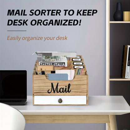 Grand organisateur de courrier de bureau en bois massif avec tiroir, 4 compartiments et séparateurs étiquetables pour dossiers, lettres et papier, organisateur de bureau pour bureau à domicile, étudiants et professionnels