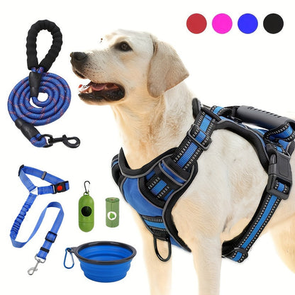 Ensemble harnais anti-traction et laisse 6-en-1 pour chien – Gilet réfléchissant en tissu Oxford sans étranglement avec double attache de laisse et poignée de contrôle facile pour chiens petits, moyens et grands, 5 couleurs, du XS au XL