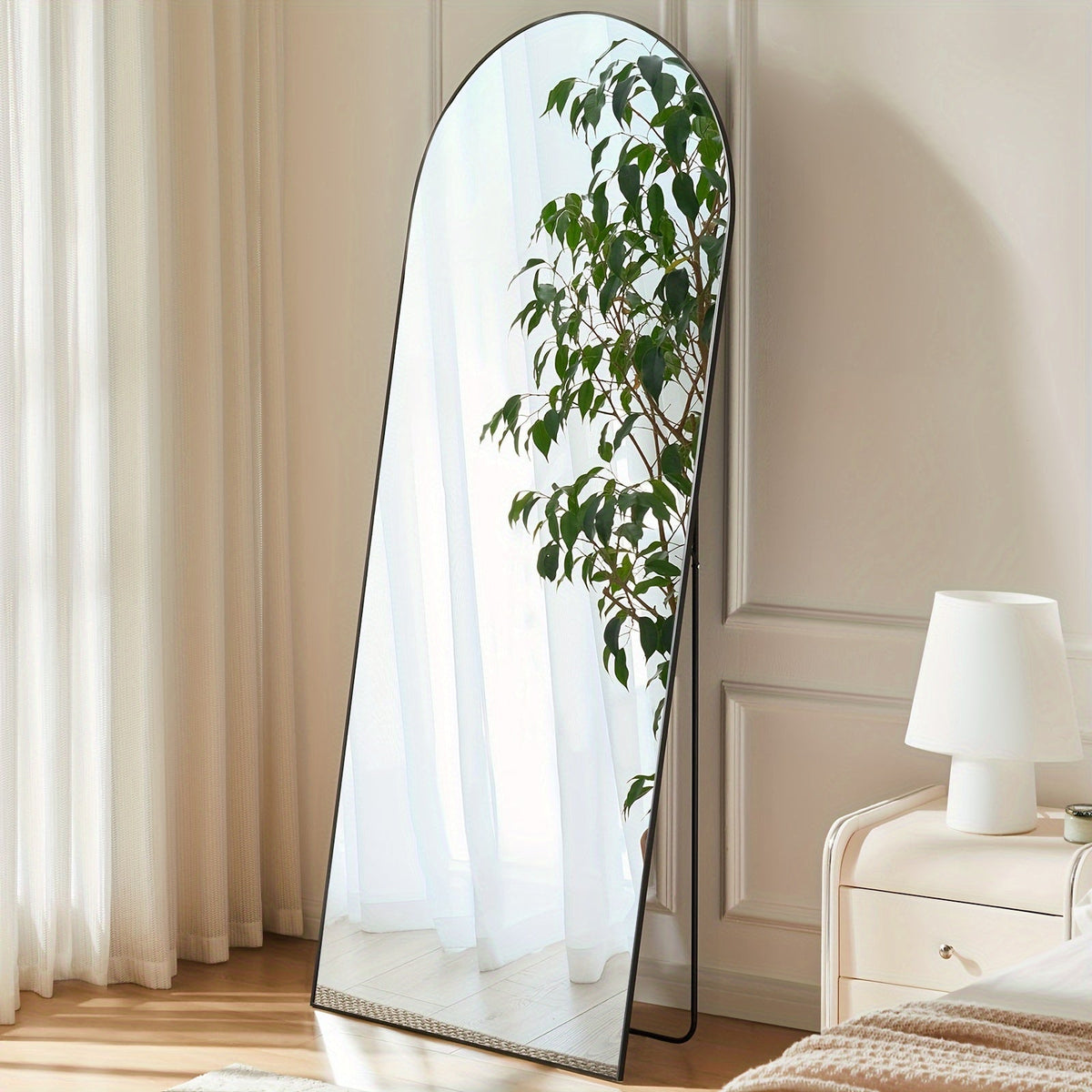 Miroir pleine longueur arqué avec support 64x21 / 59x16 pouces, miroir de sol en verre nano incassable avec cadre en alliage d'aluminium, miroir pleine longueur sur pied pour chambre, salon, vestiaire, décoration murale