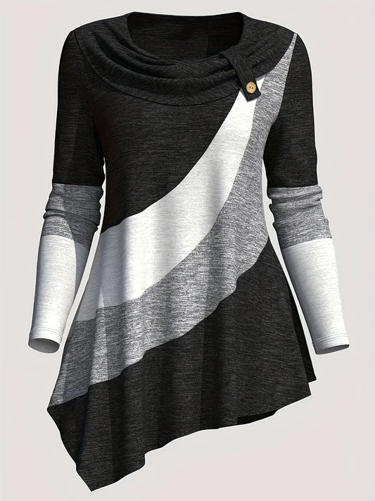 Haut à manches longues en patchwork color block pour femme, ourlet irrégulier , large col à revers, tricot décontracté, printemps automne, noir, couleurs mélangées, S M L XL XXL