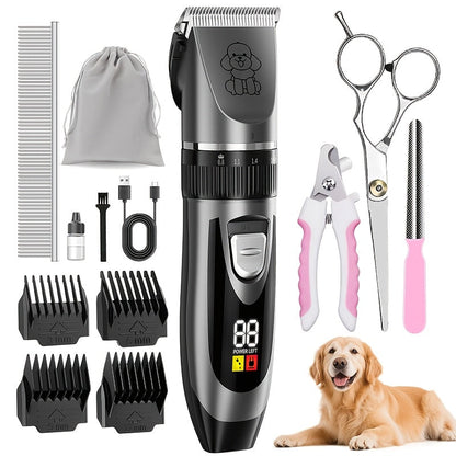 Kit de toilettage pour chien, tondeuse électrique sans fil silencieuse – batterie au lithium rechargeable, tondeuse pour poils épais avec ciseaux et peigne pour chiens et chats de petite et grande taille, plusieurs options de kit disponibles
