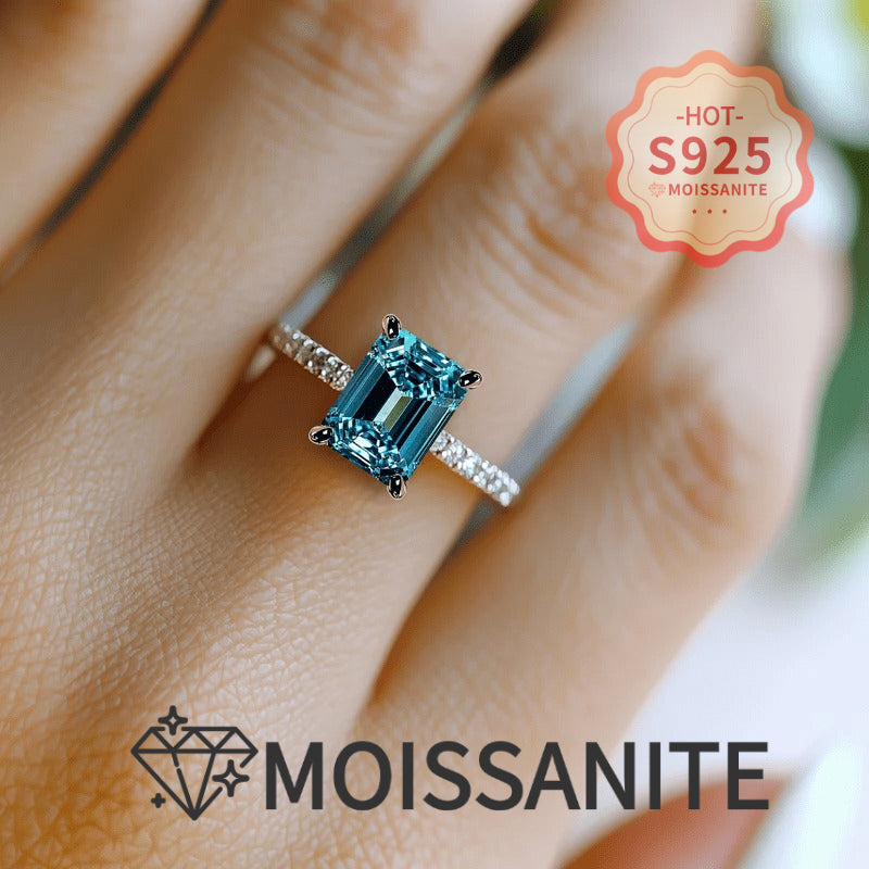 Bague de promesse en argent sterling S925 et moissanite bleue pour femme – Pierre carrée taille princesse, bague de fiançailles ou de mariage avec certificat, tailles 5 à 11, cadeau de luxe élégant