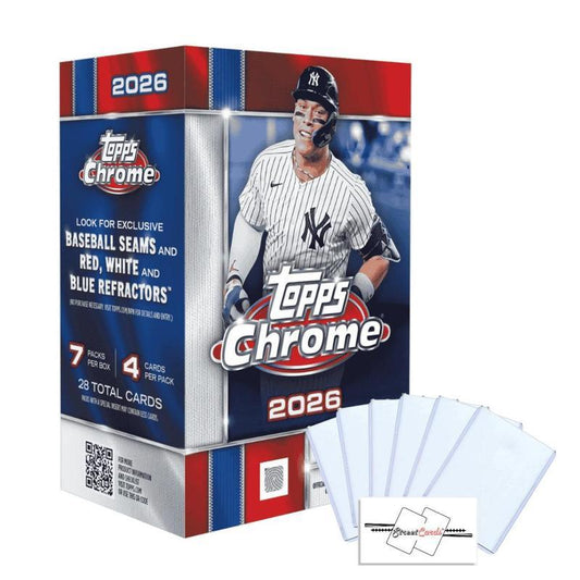 2026 Topps Chrome Baseball Blaster Box - 28 Trading Cards, 7 Packs, Exclusive Baseball Seams & Red White Blue Refractors, Lightboard Logo Variations, 6 Toploaders & StreetCards Magnet