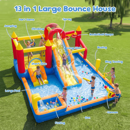Château gonflable aquatique 13-en-1 avec souffleur 550W, double toboggan, pataugeoire, canon à eau, mur d'escalade, panier de basket, jeux de pêche et de lancer d'anneaux - Parc aquatique pour enfants pour le jardin, idéal pour l'été
