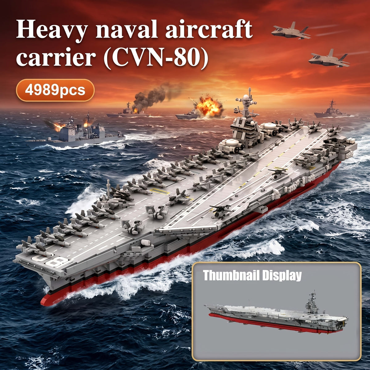 Set de construction de porte-avions de la marine de 4989 pièces – Diorama de navire de guerre à coque grise et rouge, pont d'envol élévateur, îlot, kit de modèle militaire MOC, cadeau de collection pour passionnés de marine et de militaire A2683