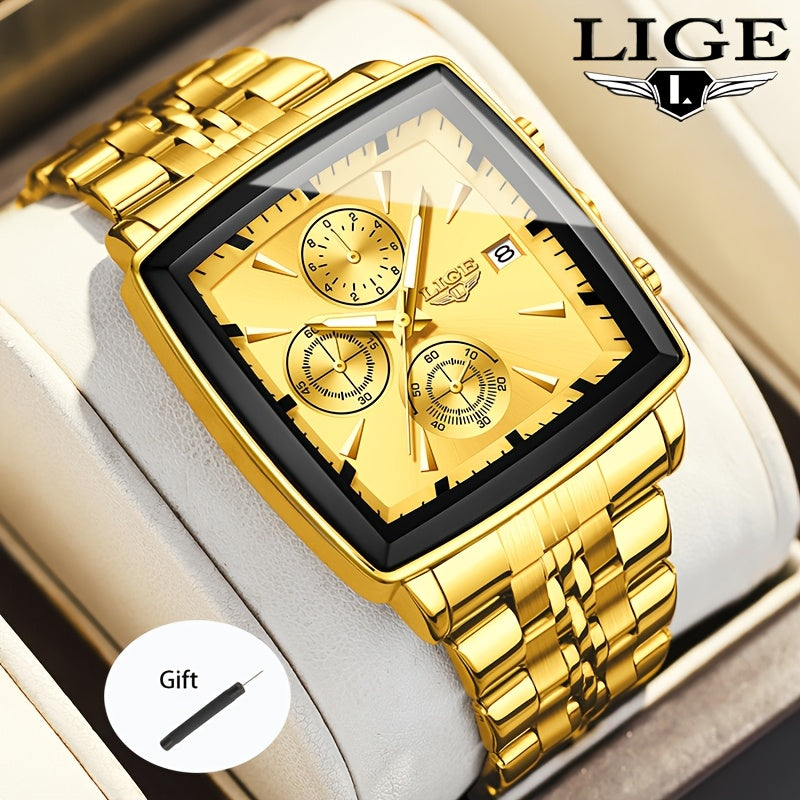 Montre à quartz analogique carrée pour homme LIGE – Bracelet en acier inoxydable, affichage du calendrier, montre-bracelet style sport preppy pour hommes et adolescents, 8 options de couleur, cadeau d'anniversaire ou de remise de diplôme bleu noir doré