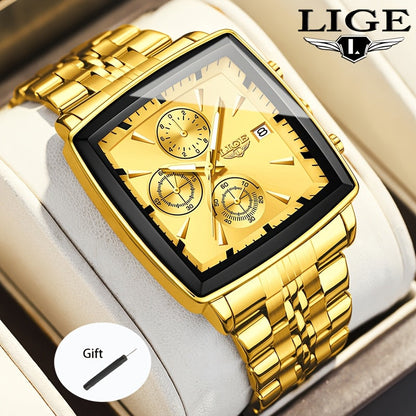 Montre à quartz analogique carrée pour homme LIGE – Bracelet en acier inoxydable, affichage du calendrier, montre-bracelet style sport preppy pour hommes et adolescents, 8 options de couleur, cadeau d'anniversaire ou de remise de diplôme bleu noir doré
