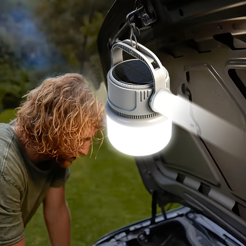 Lanterne de camping LED solaire rechargeable 6 modes - Batterie externe USB, crochet, autonomie 4-8 heures, éclairage extérieur portable pour camping sous tente, randonnée, alpinisme et urgence
