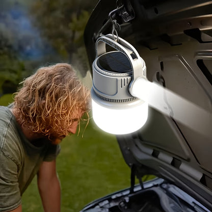Lanterne de camping LED solaire rechargeable 6 modes - Batterie externe USB, crochet, autonomie 4-8 heures, éclairage extérieur portable pour camping sous tente, randonnée, alpinisme et urgence