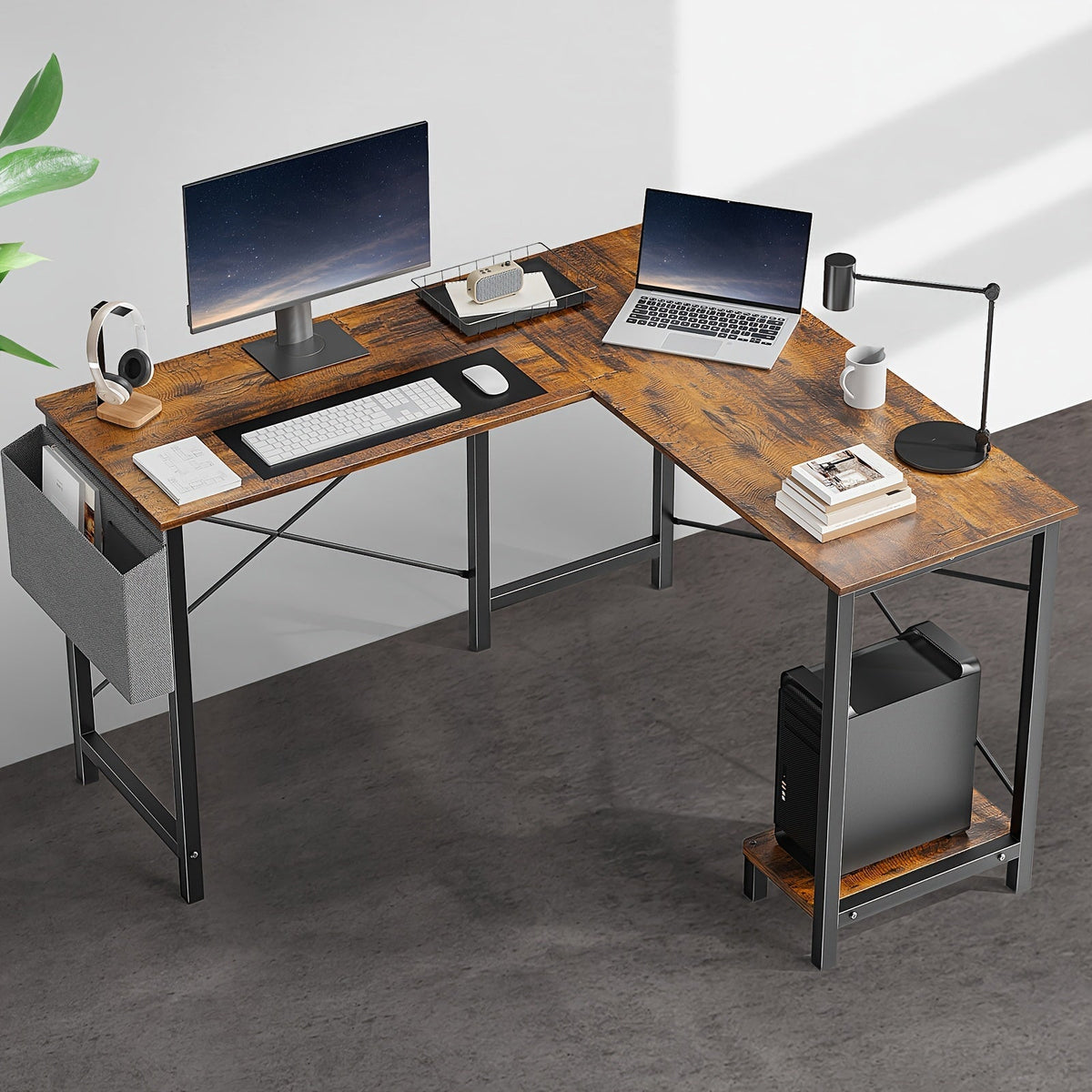 Bureau d'ordinateur en forme de L avec sac de rangement et étagères – Bureau d'angle réversible, poste de travail pour PC et ordinateur portable pour bureau à domicile, salle d'étude, bureau d'écriture peu encombrant