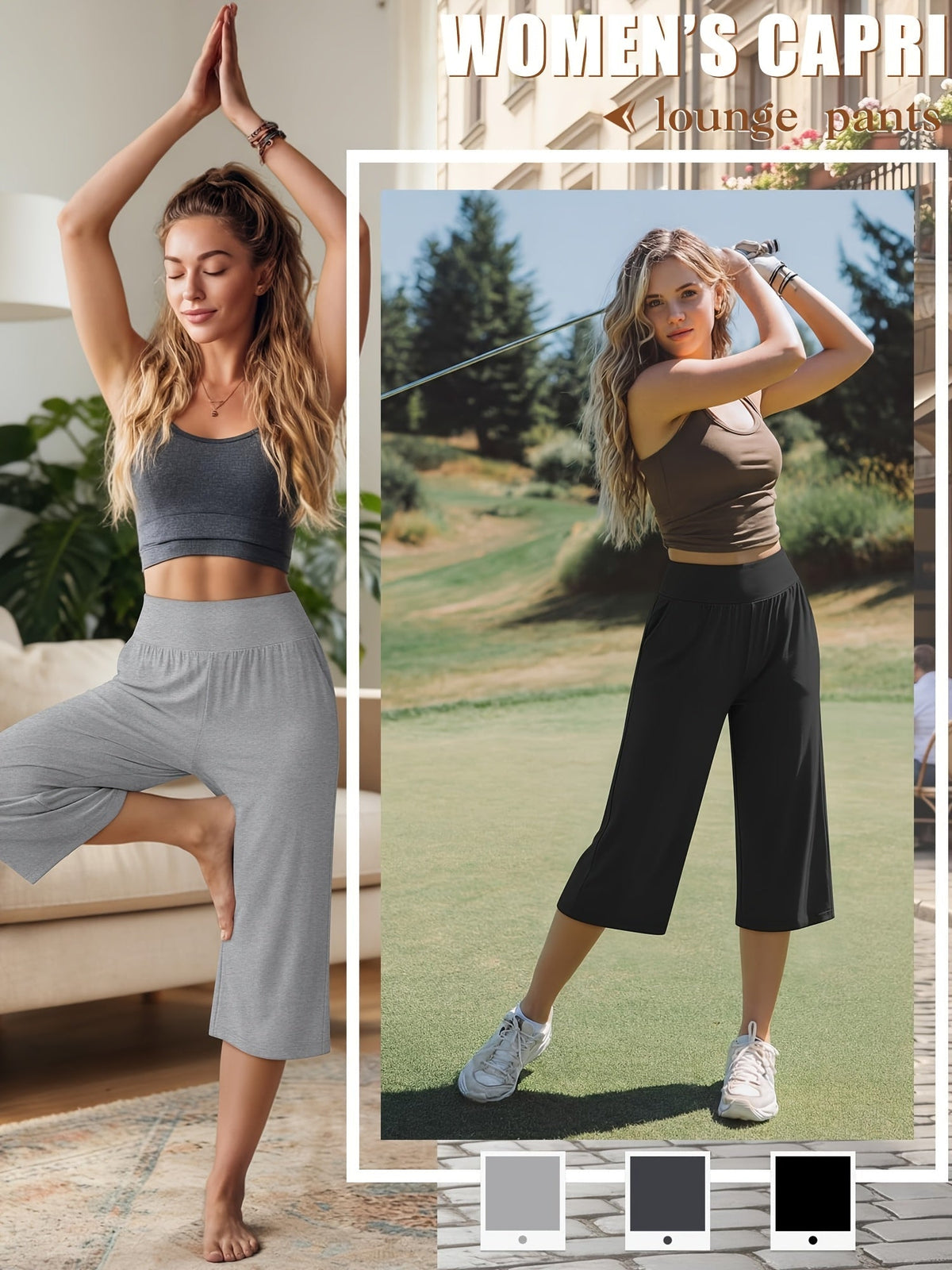 Lot de 3 pantalons Capri pour femme – Pantalons de jogging amples style détente, coupés avec poches et taille élastique, pantalon Capri de yoga pour le printemps, l'été, l'automne et les tenues décontractées du week-end