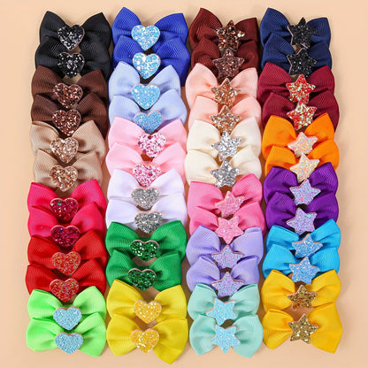 Dog Bow Hair Clips 24pcs Assorted – Cute Glitter Heart & Star Grooming Hair Accessories for Small Dogs & Puppies, Mixed Color Random Styles Pet Hair Bows