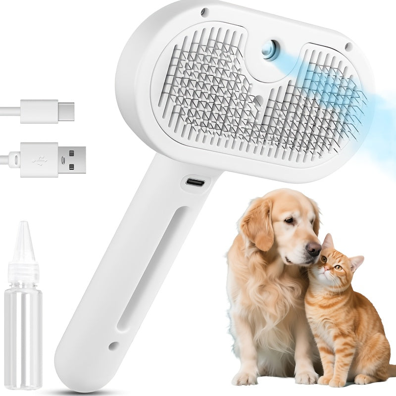 Brosse à vapeur 3-en-1 pour chat, peigne de toilettage avec vapeur et bouton de libération, outil d'épilation et de démêlage pour chiens et chats de toutes tailles, utilisation en intérieur, blanc rose