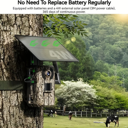 Caméra de chasse 4G sans Wi-Fi 2K 1440P à énergie solaire – Carte SIM intégrée, vision nocturne 23 m, déclenchement 0,2 s, batterie 7800 mAh, caméra de surveillance et de chasse extérieure sans fil pour zones isolées