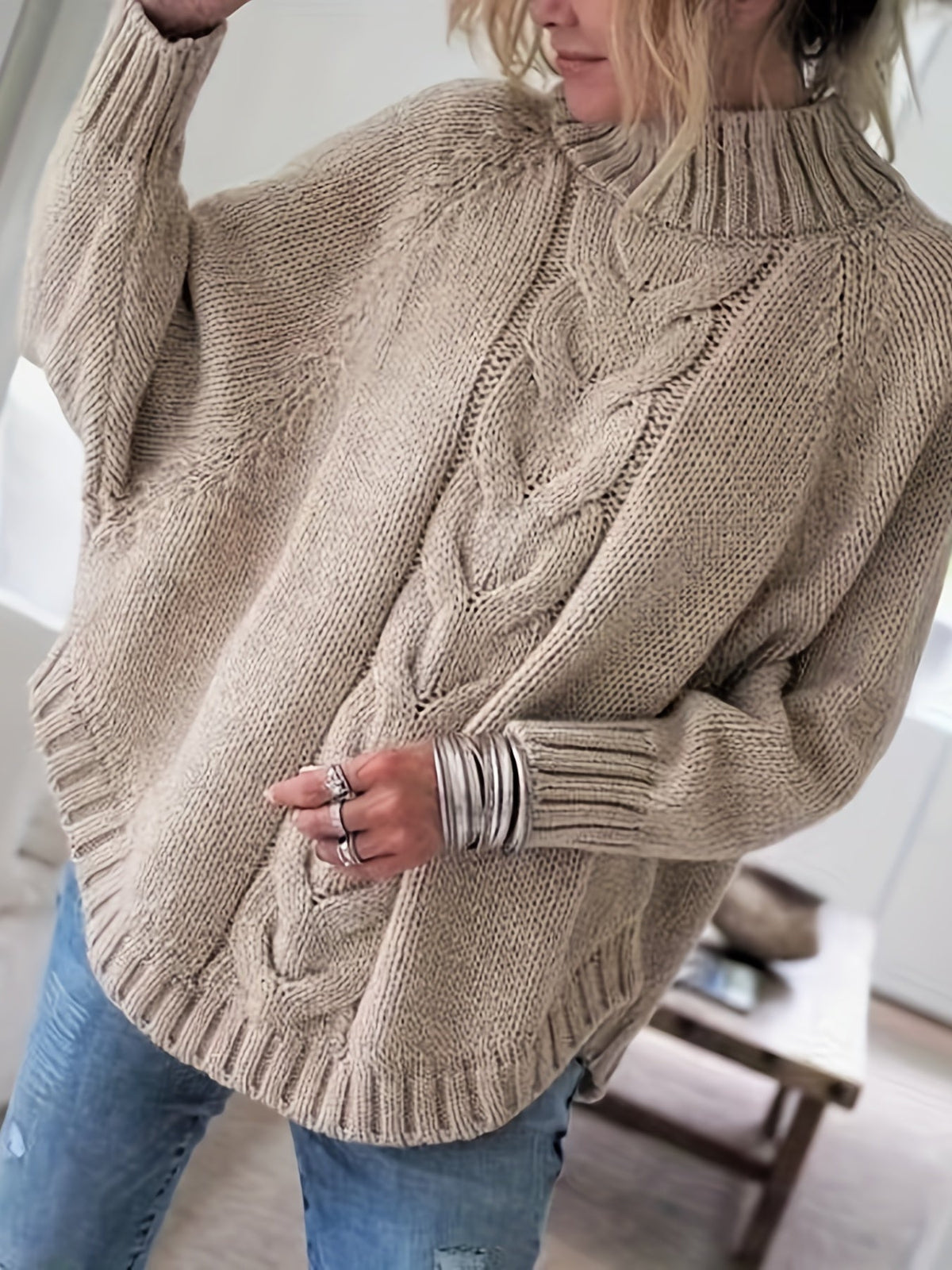Pull col roulé oversize en maille torsadée pour femme, gros tricot, coupe ample, ourlet évasé, pull d'hiver douillet, 5 couleurs, S-XXL