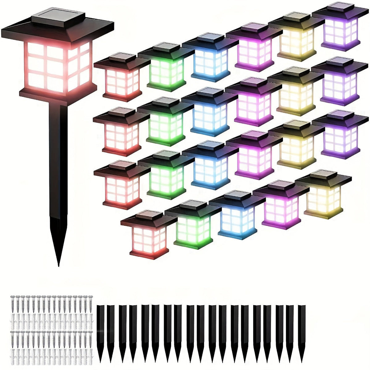 Lot de 6/12/24 lampes solaires d'extérieur pour jardin, étanches IP44 | Éclairage paysager LED blanc chaud/multicolore pour allée, cour, terrasse et décoration de fête – Marche/arrêt automatique