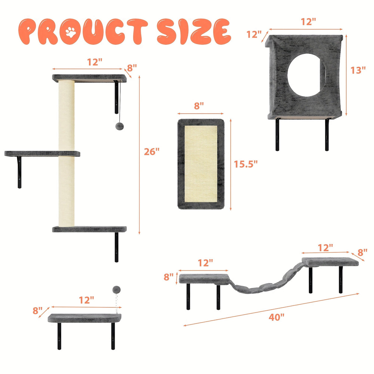 Ensemble de 5 étagères murales pour chats - Perchoir, grimpeur et pont flottants pour chats, mobilier moderne pour chats d'intérieur, alternative à l'arbre à chat avec plateforme de couchage, maison pour chat gain de place