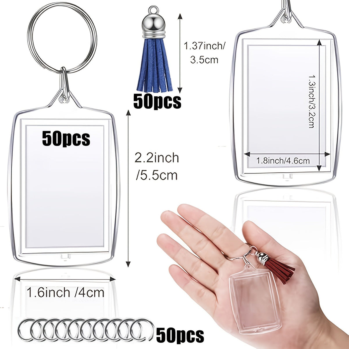 150 porte-clés cadres photo en acrylique avec pompons colorés – Lot de porte-clés photo transparents à clipser pour loisirs créatifs, porte-clés personnalisés en gros, cadeaux d'invités et souvenirs