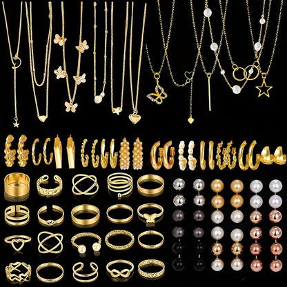 Parure de bijoux bohème pour femme 37-87 pièces – boucles d'oreilles, colliers, bagues et bracelets avec cœurs, torsades et papillons, style bohème minimaliste, ensemble multi-éléments pour le quotidien, les fêtes et les vacances