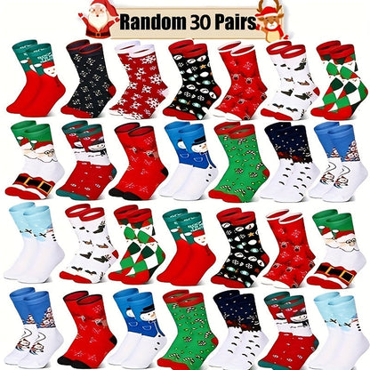 Chaussettes de Noël, 30 paires, motifs de fête amusants : rennes, Père Noël, flocons de neige, pain d'épices, sapin de Noël, chaussettes chaudes à motifs – Coffret cadeau unisexe pour hommes et femmes
