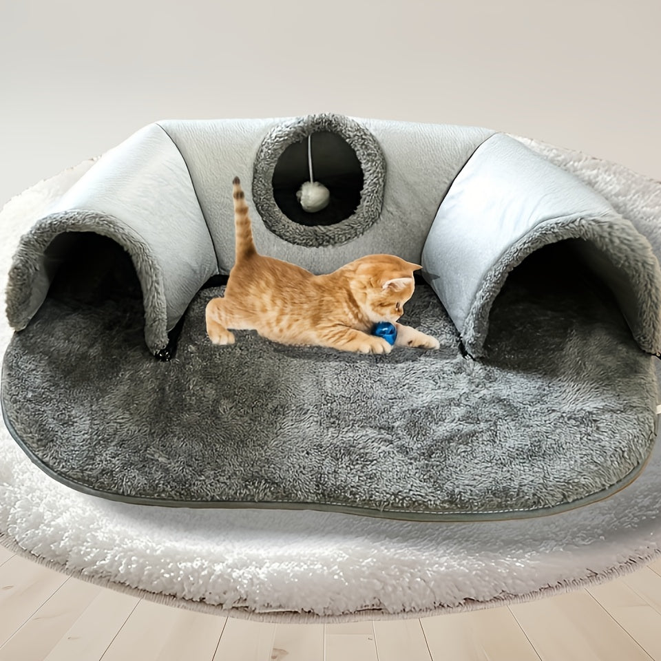 Lit tunnel 3-en-1 pour chat avec tapis de jeu et nid douillet – Grotte pliable pour chat avec fond antidérapant pour chats de petite à moyenne taille, lapins et hamsters, cachette d'intérieur pour animaux
