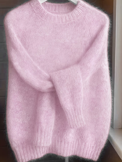 Pull à col rond style français pour femme | Pull en maille 100 % polyester doux et confortable, haut élégant à manches longues et coupe droite pour le printemps et l'automne