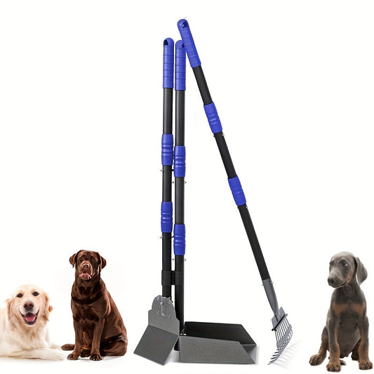Stainless Steel Dog Pooper Scooper Set with Adjustable Long Handle – Rust-Proof Tray & Rake Pet Waste Removal Tool, No Bending, Easy to Clean, Ideal for All Dog Breeds, Outdoor Yard & Grass Use
