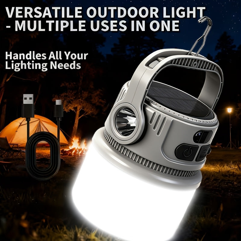 Lanterne de camping LED solaire rechargeable 6 modes - Batterie externe USB, crochet, autonomie 4-8 heures, éclairage extérieur portable pour camping sous tente, randonnée, alpinisme et urgence