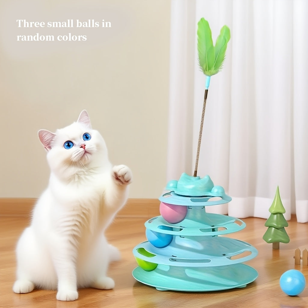 Jouet carrousel pour chat avec plume et balle rotative - Plateau tournant interactif pour chat d'intérieur, jouet stimulant anti-ennui, aucune pile requise, 3 couleurs : vert clair, bleu, rose