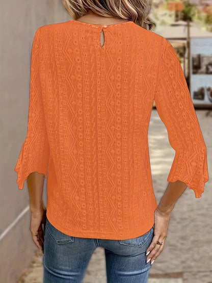 Blouse à manches longues pour femme avec bordure en dentelle contrastante – Haut élégant à col rond semi-transparent sexy pour le printemps, l'été et l'automne en noir, blanc et rouge orangé
