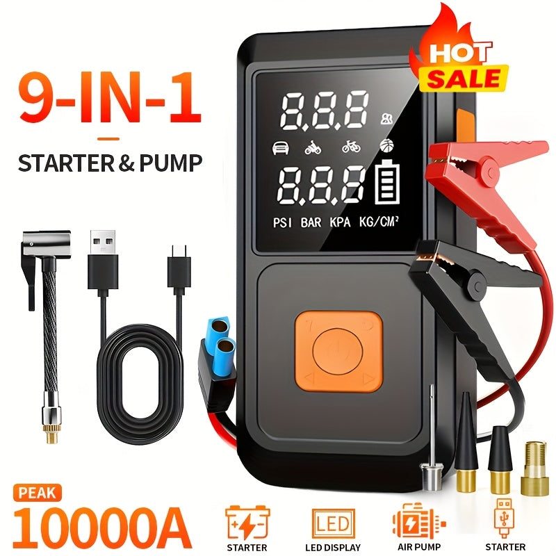 Démarreur de batterie portable 6000 mAh avec compresseur d'air 150 PSI, affichage numérique, charge USB-C, éclairage LED et double protection de sécurité pour voitures, camions et SUV - Kit d'urgence pour voyages et camping en plein air
