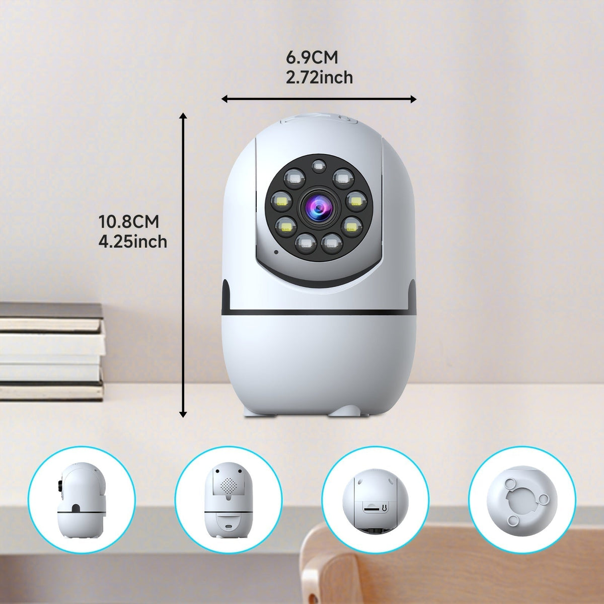 Pack de 4 caméras de sécurité WiFi d'intérieur, panoramique et inclinaison à 355°, vision nocturne, détection de mouvement, audio bidirectionnel, moniteur pour bébé et animaux – WiFi double bande 2,4 GHz/5 GHz, Cloud, carte SD 256 Go, compatible Alexa
