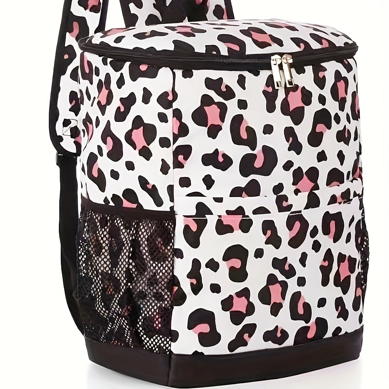 Sac à dos glacière isotherme 30 canettes motif léopard avec poches en filet et bretelles réglables - Sac glacière en nylon étanche pour la plage, le camping, le pique-nique, la randonnée, les voyages et l'usage quotidien