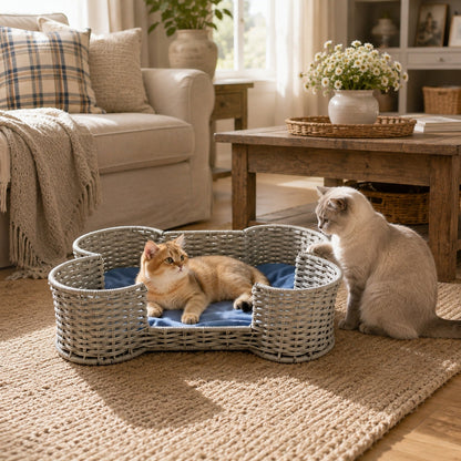Bone Shaped Dog Toy Storage Basket – Hand Woven Faux Rattan Pet Toy Organizer Bin for Cat & Dog Toys, Leashes & Accessories, Farmhouse Home Decor Style