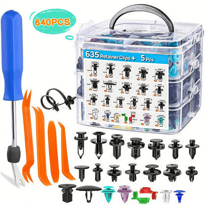 Kit d'assortiment de clips de fixation pour voiture 115/635/640/1290 pièces - 16 tailles de rivets en nylon pour pare-chocs et garde-boue, fixations automobiles avec serre-câbles et outil de démontage
