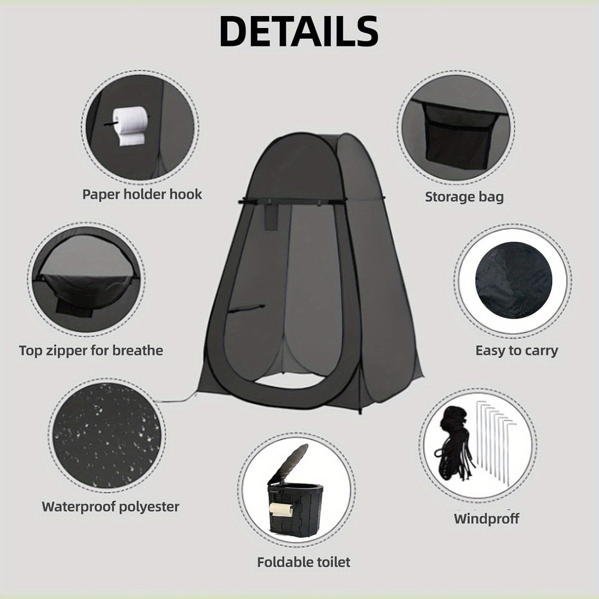 Toilettes de camping portables et tente d'intimité – Tente WC escamotable pour adultes avec 12 sacs, piquets de sol, cordes coupe-vent et tapis isolant, toilettes pliables pour le camping, les voyages et la randonnée