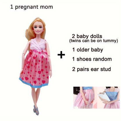 Poupée mannequin enceinte de 30 cm avec articulations mobiles, maman poupée avec 2 bébés, poupée aînée, boucles d'oreilles, chaussures, robe moderne, poupée princesse, jouet éducatif pour filles de 3 ans et plus