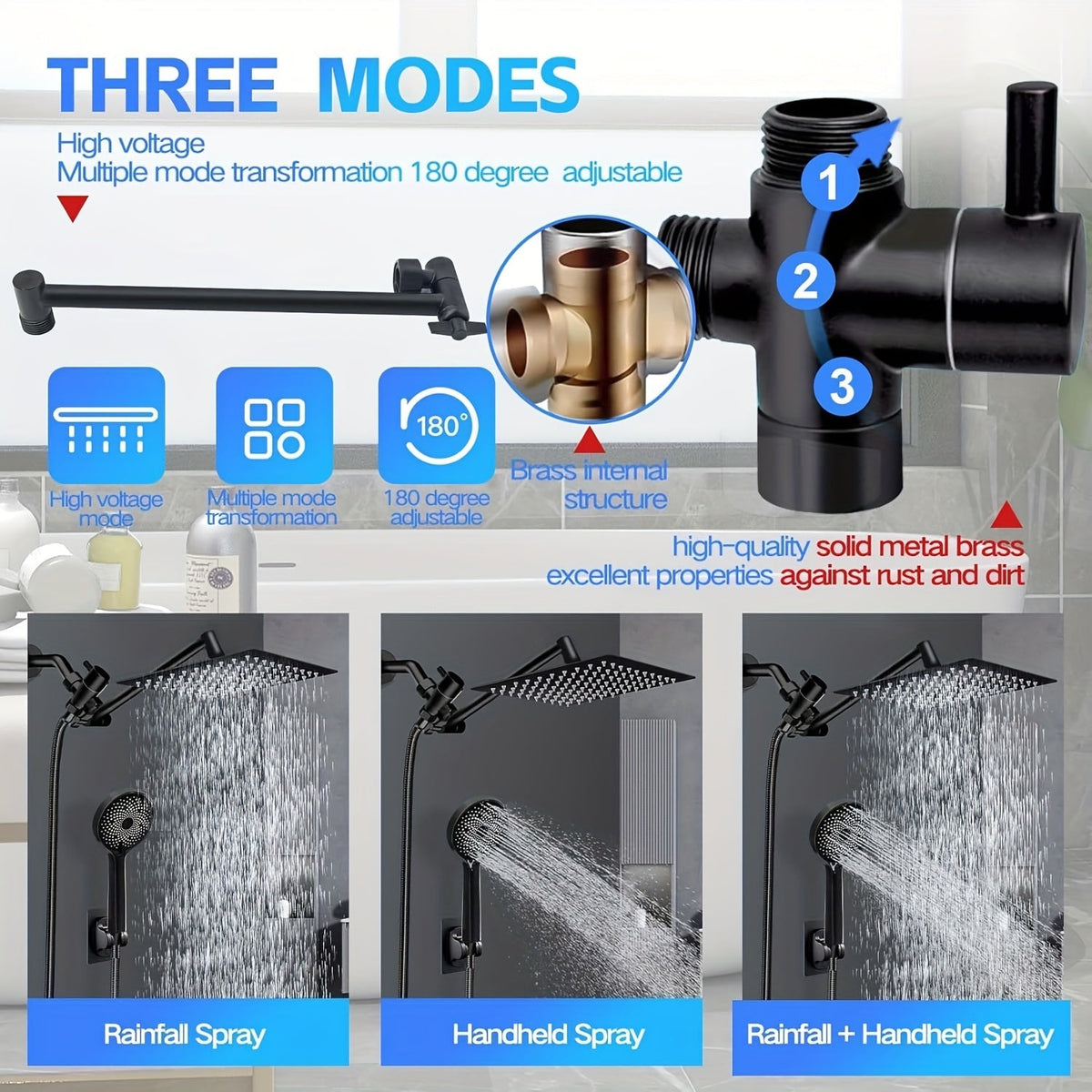 Combiné douche de tête haute pression et douchette à main, bras d'extension de 11 pouces, 9 réglages, anti-fuite, hauteur réglable, chrome noir mat